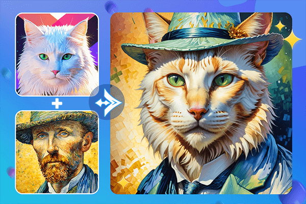 Combine the cat image and the Van Gogh painting into a new image with AI